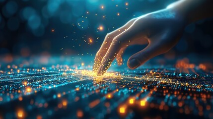 Poster - Human hand interacting with virtual glowing data particles over digital matrix surface expressing artificial intelligence concept and future innovation through intuitive technology connection.