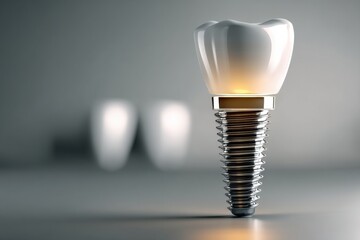 Aufkleber - Floating 3D Model of a Tooth Implant Assembly Showcasing Intricate Details and Soft Shadows in a Clinical Setting Generative AI