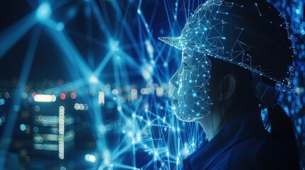 Poster - Digital female logistics professional in futuristic helmet constructed with network nodes and blue lights representing artificial intelligence integration in automated ecommerce supply chain.