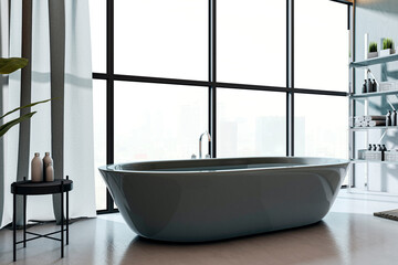 Poster - Modern luxury bathroom interior with large black bathtub and city view through tall window in bright minimalist spa-inspired room corner. 3D Rendering