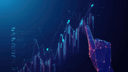 Poster - Futuristic Low Poly Wireframe Hand Pointing at Glowing Business Chart with Up Arrows on Dark Blue Technology Background - Stock Market and Trade Concept