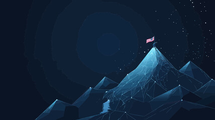 Poster - Digital Mountain with Flag and Businessman on Top - Abstract Goals Achievement and Ambitions Concept - Dark Blue Technology Background, Peaks and Constellations - Flat Minimalist SVG Vector