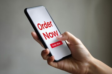 Fototapete - Hand Tapping Smartphone to Place Order Now in Minimal Clean Style, Illustrating Modern Convenience and Digital Engagement Generative AI