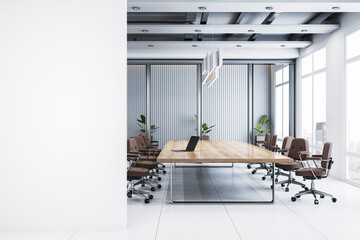 Poster - Modern conference room with large wooden table, office chairs, laptop, blank white wall for copyspace, city view through large windows, clean design. 3D Rendering
