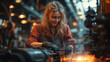 © ezen - A young woman, focused and smiling, works intently with glowing metal in a bustling industrial workshop