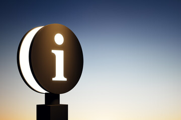 Aufkleber - Glowing information symbol sign on black circular background with gradient sky, representing modern signage and communication concept. 3D Rendering