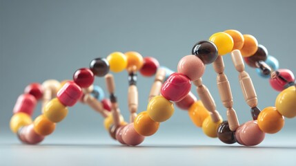 Poster - Colorful DNA Helix Formed by Linked Pills and Capsules Illustrating the Connection Between Health and Genetics Generative AI