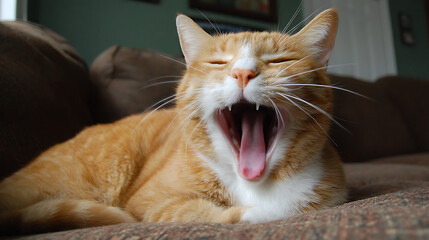 Naklejka na meble Relaxed orange cat yawning widely on a cozy brown sofa looking content and at home indoors