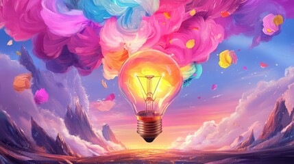 Poster - Creative concept showing a neon bulb alive with swirling colors, illustrating the powerful spark of artistic imagination