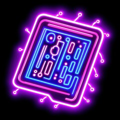 Fototapete - Neon glowing square button featuring intricate circuit board design illuminated with bright colors