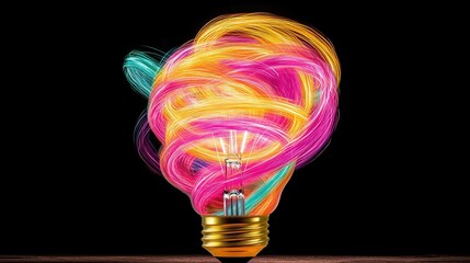 Poster - Dynamic neon light bulb bursting with radiant swirls of color, representing the spark of innovation and artistic energy