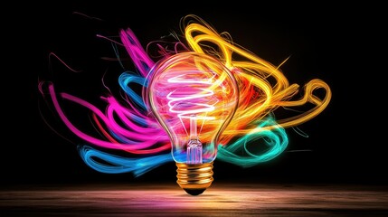 Poster - Electric neon bulb glowing brightly with abstract colorful swirls, symbolizing imagination, creativity, and innovation