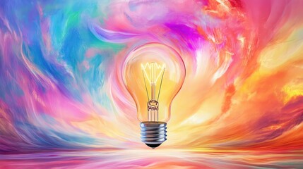 Poster - Glowing neon light bulb surrounded by colorful swirling energy patterns, symbolizing creative inspiration and vibrant new ideas