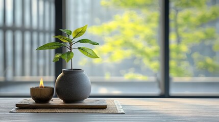Poster - A simple yet elegant green plant in a clear glass vase set against a minimalistic background