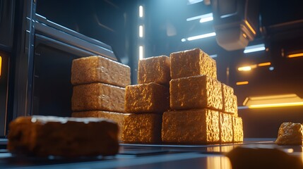Poster - Golden cubic structures illuminated in a futuristic setting.