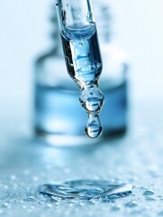 Poster - Droplet of Clear Liquid Medicine Suspended in Air Above a Sterile Surface With a Blurred Vial in the Background Capturing Purity and Precision Generative AI