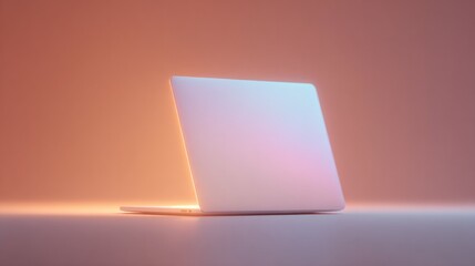 Poster - modern computer sits on desk with vibrant neon background surrounded by minimal elements