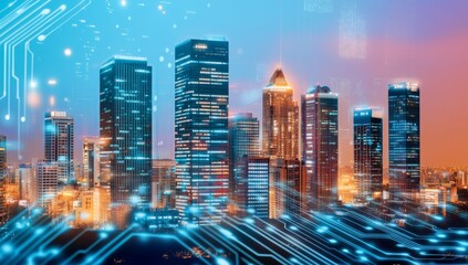 Poster - futuristic cityscape at night with neon lights and cyberpunk atmosphere