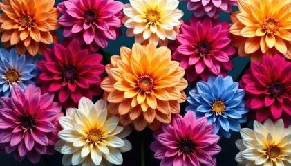 Wall Mural - Intricate dahlia blooms, vibrant colors, repeating pattern, leaves, autumn