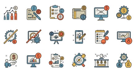 Poster - A precise  grid of ultra-smooth thin line art icons depicting business and technology concepts. Each icon features