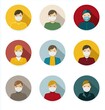 © walker - Set of flat vector icons of diverse people wearing medical masks in colorful round circles with long shadows, simple pastel tones, and minimal design on white background