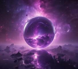 Wall Mural - glowing orb floats in swirling purple nebula vast cosmic scene , light, galaxy, magical
