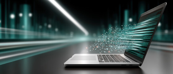 Poster - Laptop technology digital data speed futuristic internet communication glowing modern innovation science network abstract connection