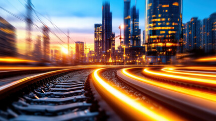 Aufkleber - Vibrant cityscape sunset showcases glowing train tracks leading into bustling urban skyline, symbolizing progress and connectivity. dynamic scene captures essence of modern infrastructure