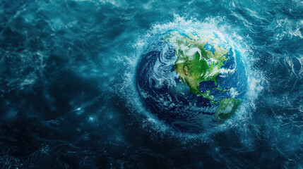 Poster - Vibrant depiction of Earth surrounded by swirling ocean waves, symbolizing environmental sustainability and importance of protecting our planet