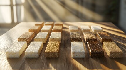 Poster - Rectangular samples of various shades displayed on a wooden surface.
