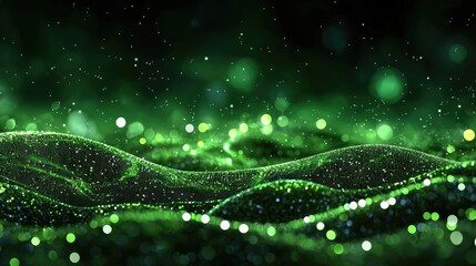 Poster - Enigmatic Green Landscape with Sparkling Particles in Motion