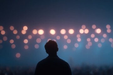 Poster - minimalistic concert scene with artist on stage addressing audience emotionally inviting forgiveness and warmth surrounded
