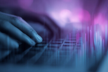 Poster - blurred image of hand typing on laptop keyboard, overlaid with purple and blue vertical lines, sugge