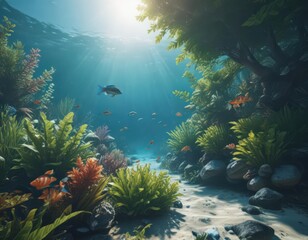 clear blue water, dappled sunlight, colorful fish swimming amidst sea plants , clouds, tranquil, bri