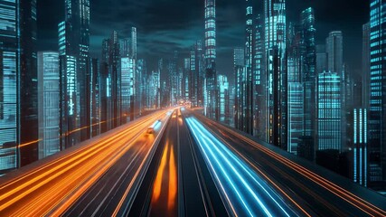 Poster - Cyber City Commute: A vibrant, futuristic cityscape comes alive with a network of transport, defined by speeding streaks of light and towering skyscrapers.