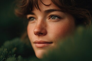 Poster - minimalistic portrait of person enjoying serene picnic setting with verdant foliage in blurry background