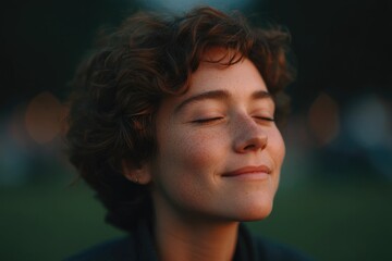 Poster - minimalistic portrait of person enjoying serene picnic setting with verdant foliage in blurry background