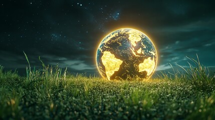 glowing earth night landscape green grass stars night sky dark blue view world image photo light