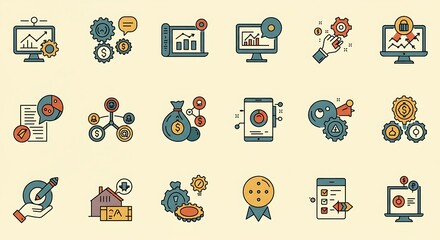 Poster - A precise  grid of  ultra-smooth thin line art icons depicting business and technology concepts. Each icon features:
