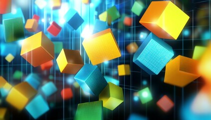 Poster - Vibrant neon grid with glowing triangles and squares, retro futuristic digital art background, virtual reality space