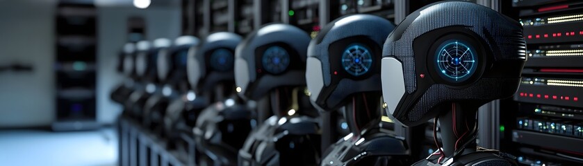 Poster - Row of futuristic robotic heads in a server room.