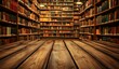 © KAHAR - Ancient library with wooden floor.  Bookshelves filled with antique volumes