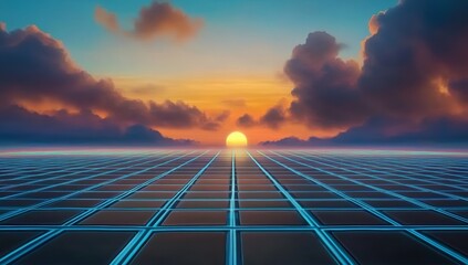 Poster - Vibrant neon grid with glowing triangles and squares, retro futuristic digital art background, virtual reality space