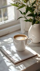 Fototapete - A steaming cup of coffee sits on a notepad on a windowsill. Natural light highlights the delicate flowers in a vase nearby, creating a warm atmosphere