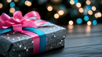 Poster - Gift Box Wrapped in Circuit Board Paper with Neon Ribbons