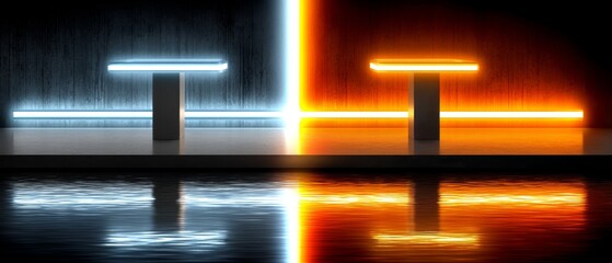 Poster - Abstract Neon Background with Glowing Lines in Blue and Orange Colors