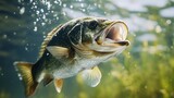 A largemouth bass swimming under water, captured with a clear view of its mouth open. It's surrounded by natural underwater habitat elements.