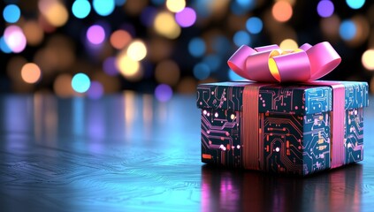 Poster - Gift Box Wrapped in Circuit Board Paper with Neon Ribbons