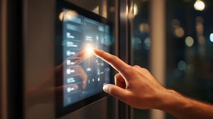 Poster - A hand interacts with a digital touchscreen panel in a modern setting with blurred background lights