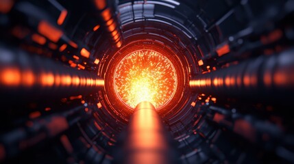 Poster - Futuristic Abstract View Inside a High-Tech Pipeline with Glowing Energy and Sparks Emerging from Center